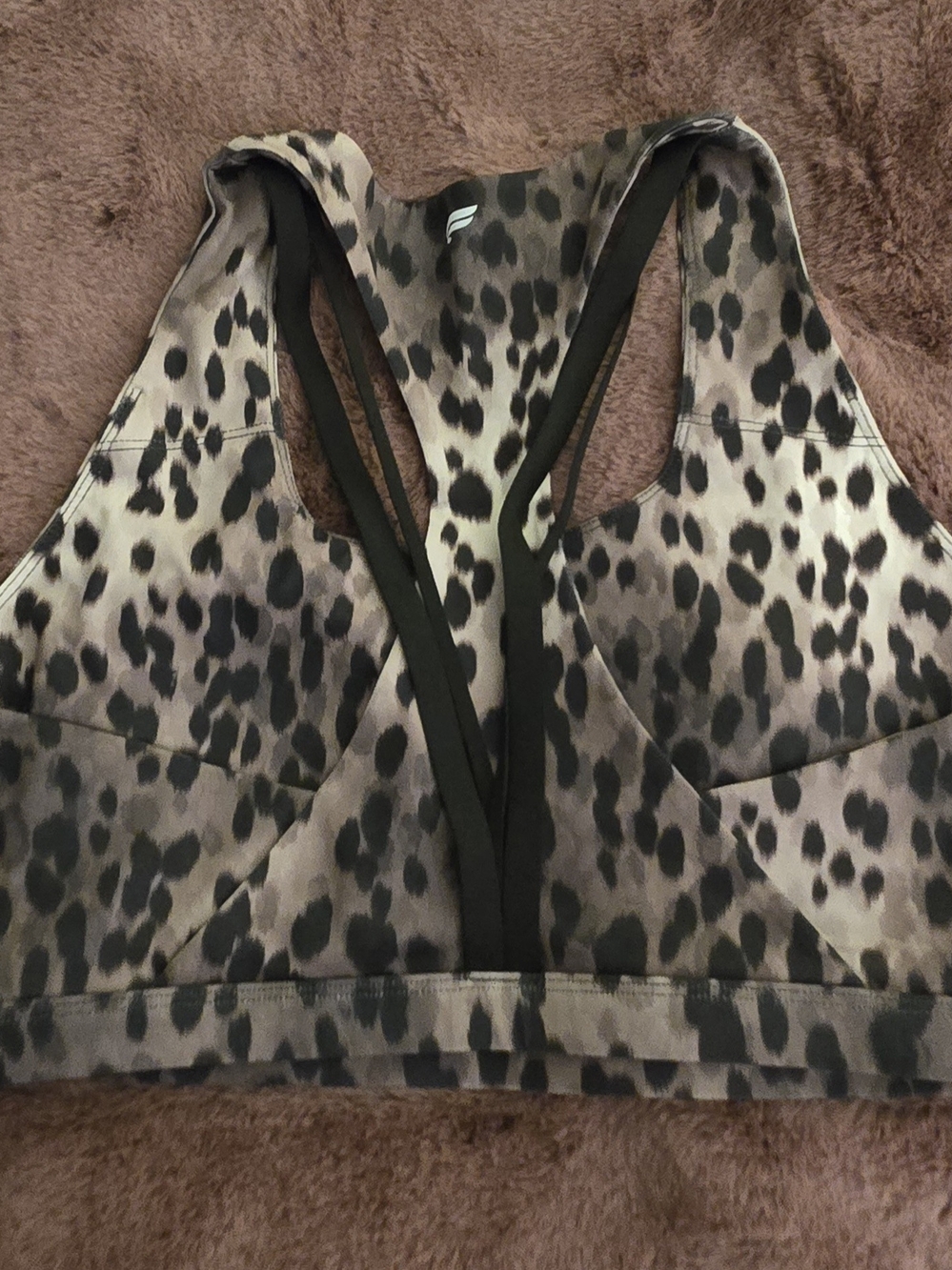 Fabletics Leopard Print Sports Bra in Brown and Black